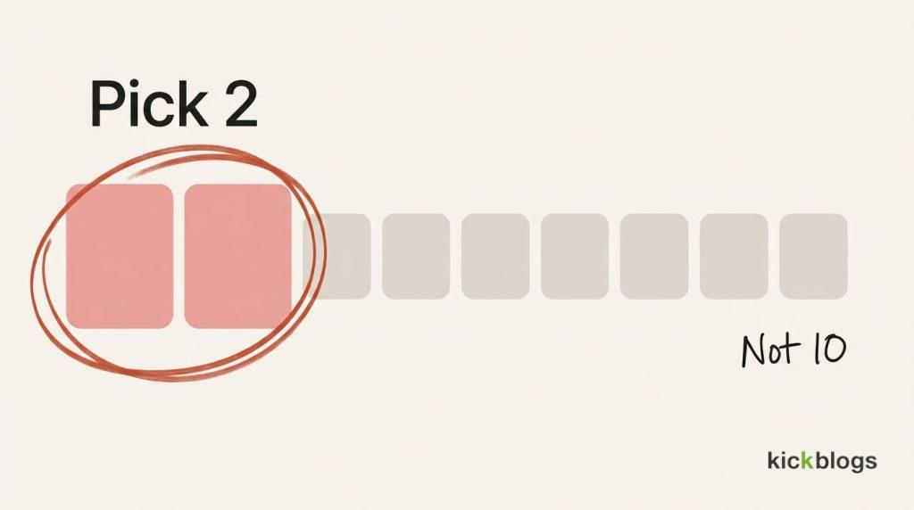 Ten identical marketing tactic tiles with only two circled, showing the pick-two-not-ten idea.