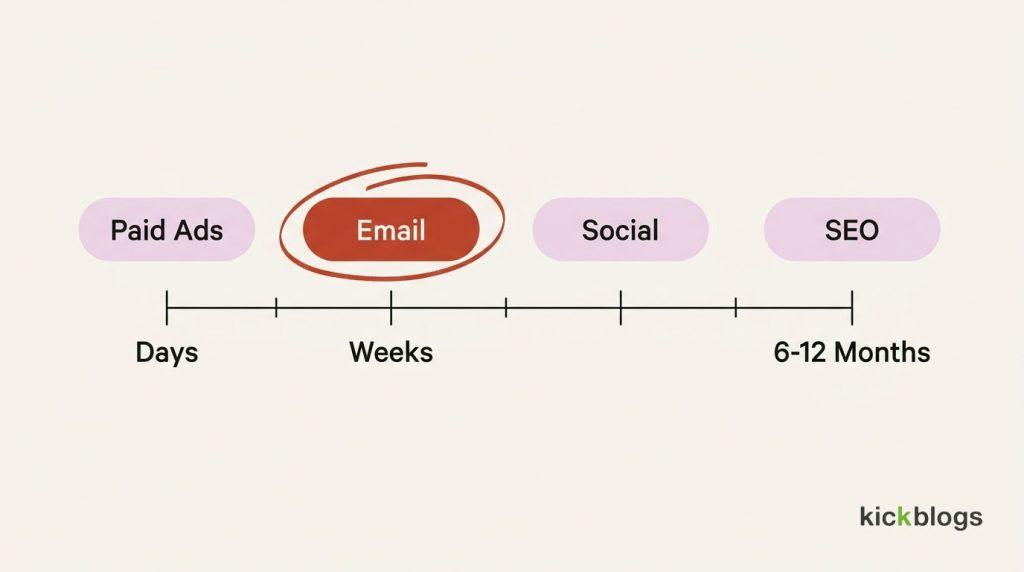 Marketing tactics placed on a payback timeline from days for paid ads to 6-12 months for SEO.