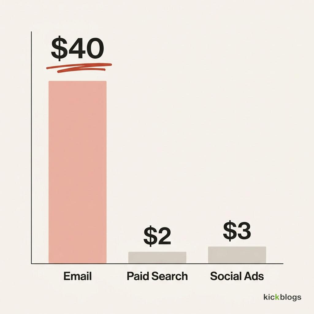 Bar chart: email returns about $40 per dollar spent versus $2-3 for paid search and social ads.