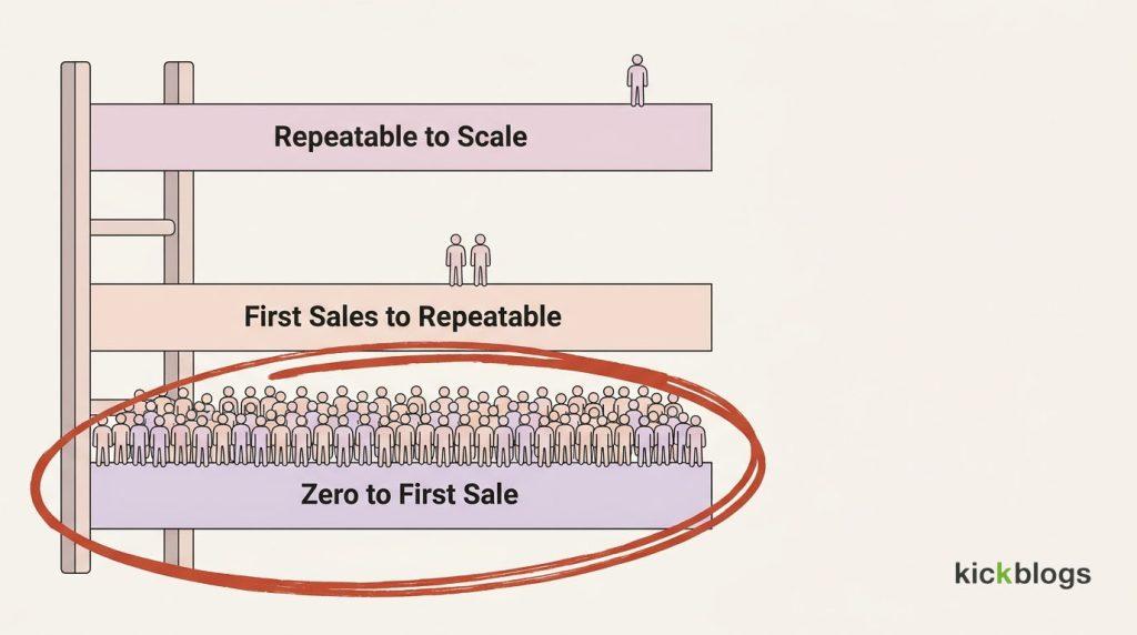A growth ladder with most people crowded on the bottom rung, zero to first sale