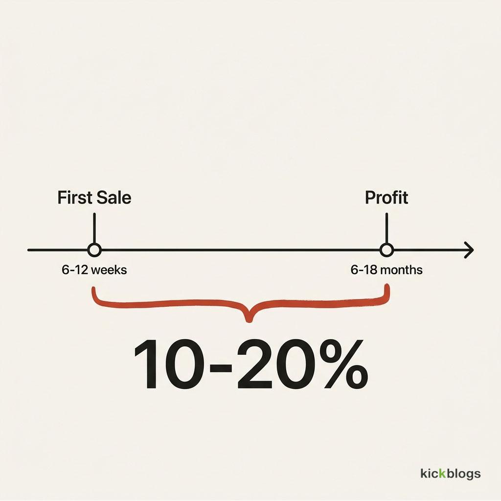 Timeline showing a first sale in 6-12 weeks but profit taking 6-18 months, with only 10-20% profitable in year one.