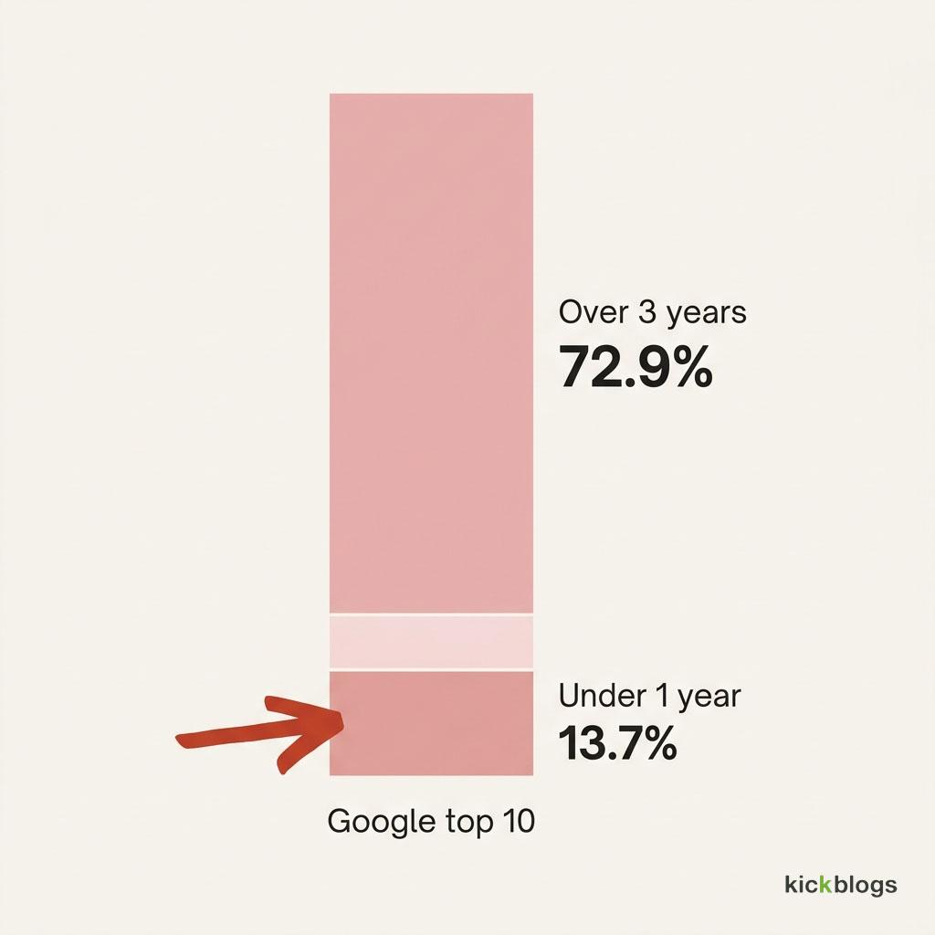Most pages in Google's top ten are over three years old and only 13.7 percent are under one.