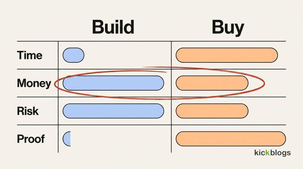 Scorecard comparing building and buying a website across time, money, risk and proof.