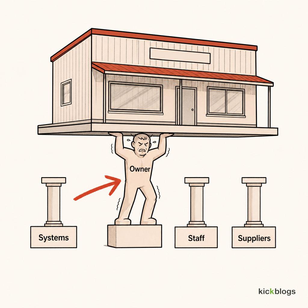 A business building resting on a single owner-shaped pillar while the systems, staff and supplier supports sit idle.