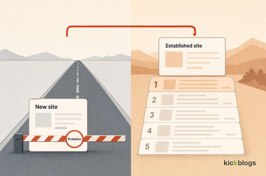 A new site stalled behind a probation barrier while an established site already ranks ahead.