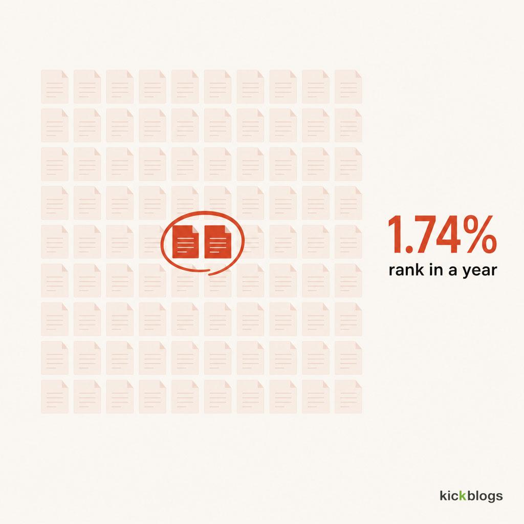 Grid of 100 page tiles with only two filled, showing 1.74% of new pages rank within a year.