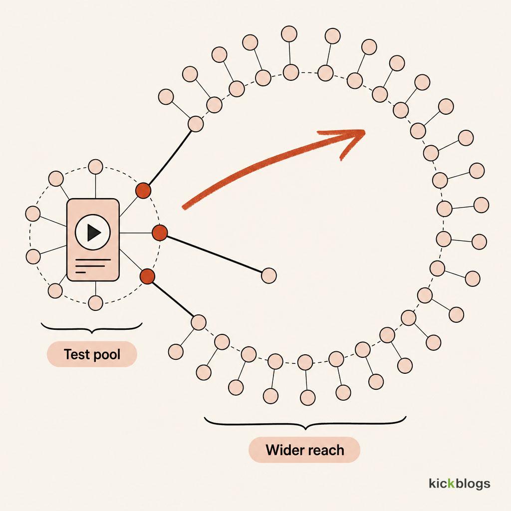 A Reel shown first to a small test pool, then expanded outward to a much larger audience.